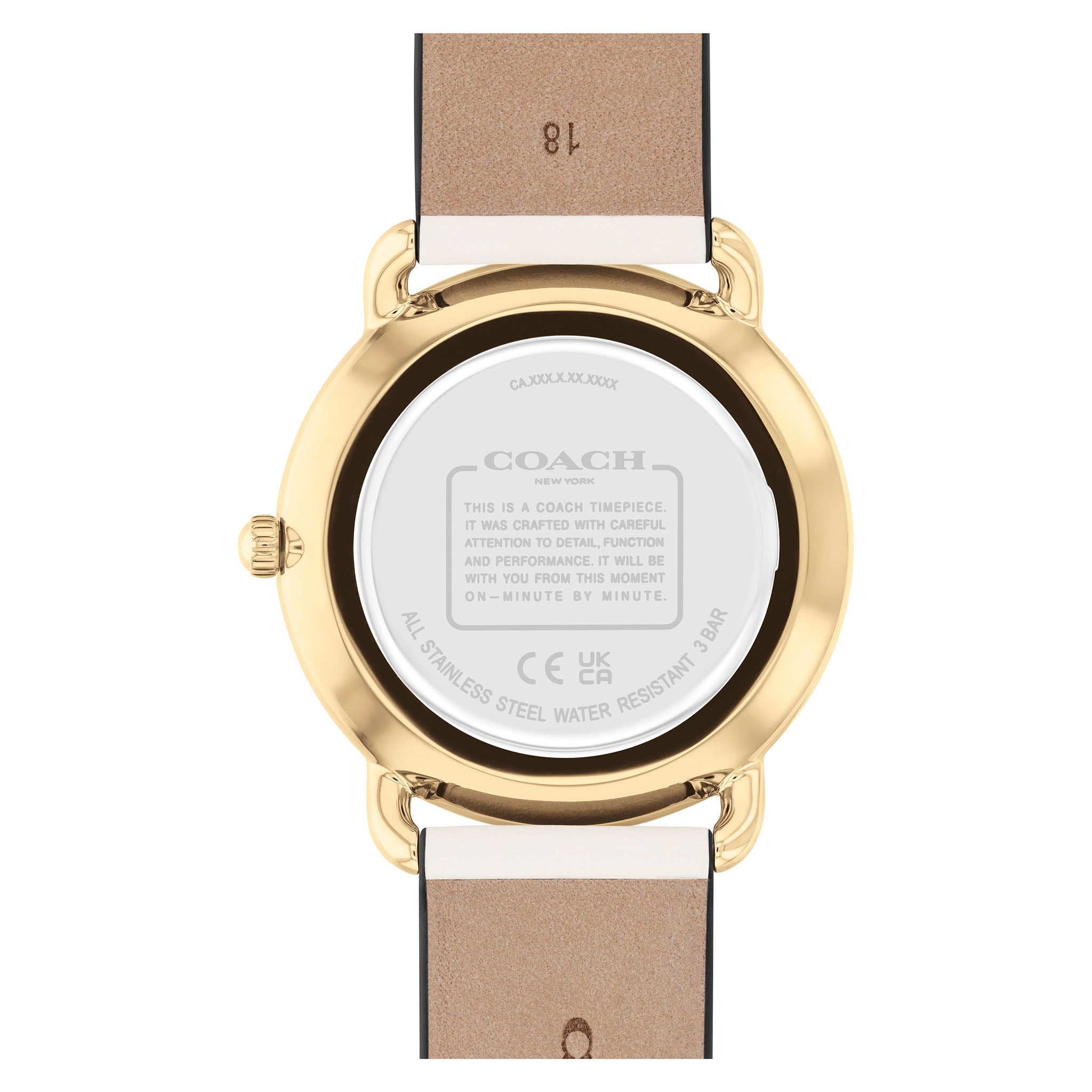 Coach Women's Watch caseback with gold-tone case and chalk leather strap