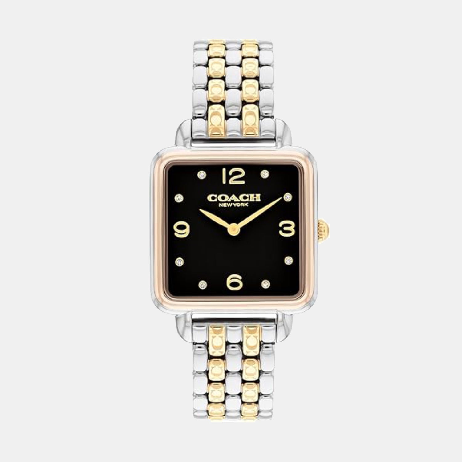 Coach two-tone steel women's watch with black dial and rose gold accents