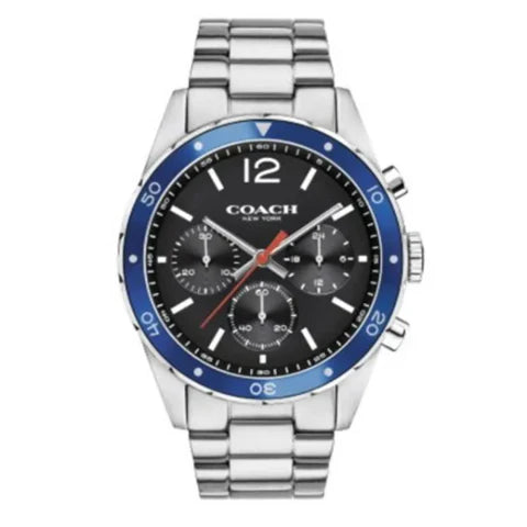 Coach men's quartz watch with 44mm silver stainless steel case, black dial, and blue bezel