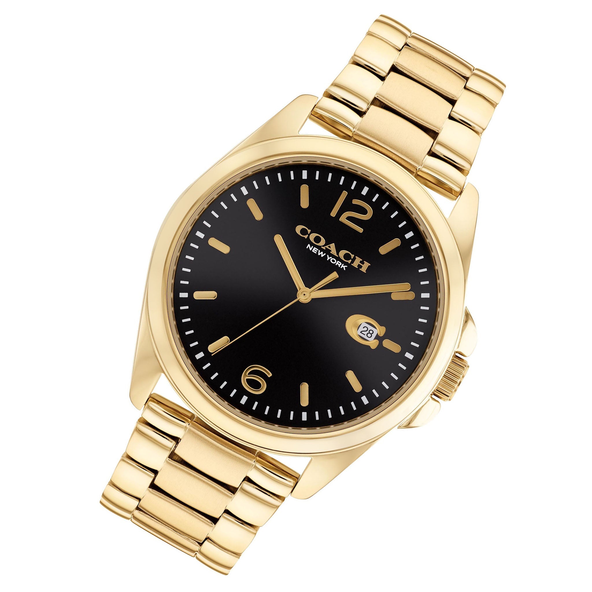 Coach gold stainless steel watch at angle showing black dial and gold link bracelet