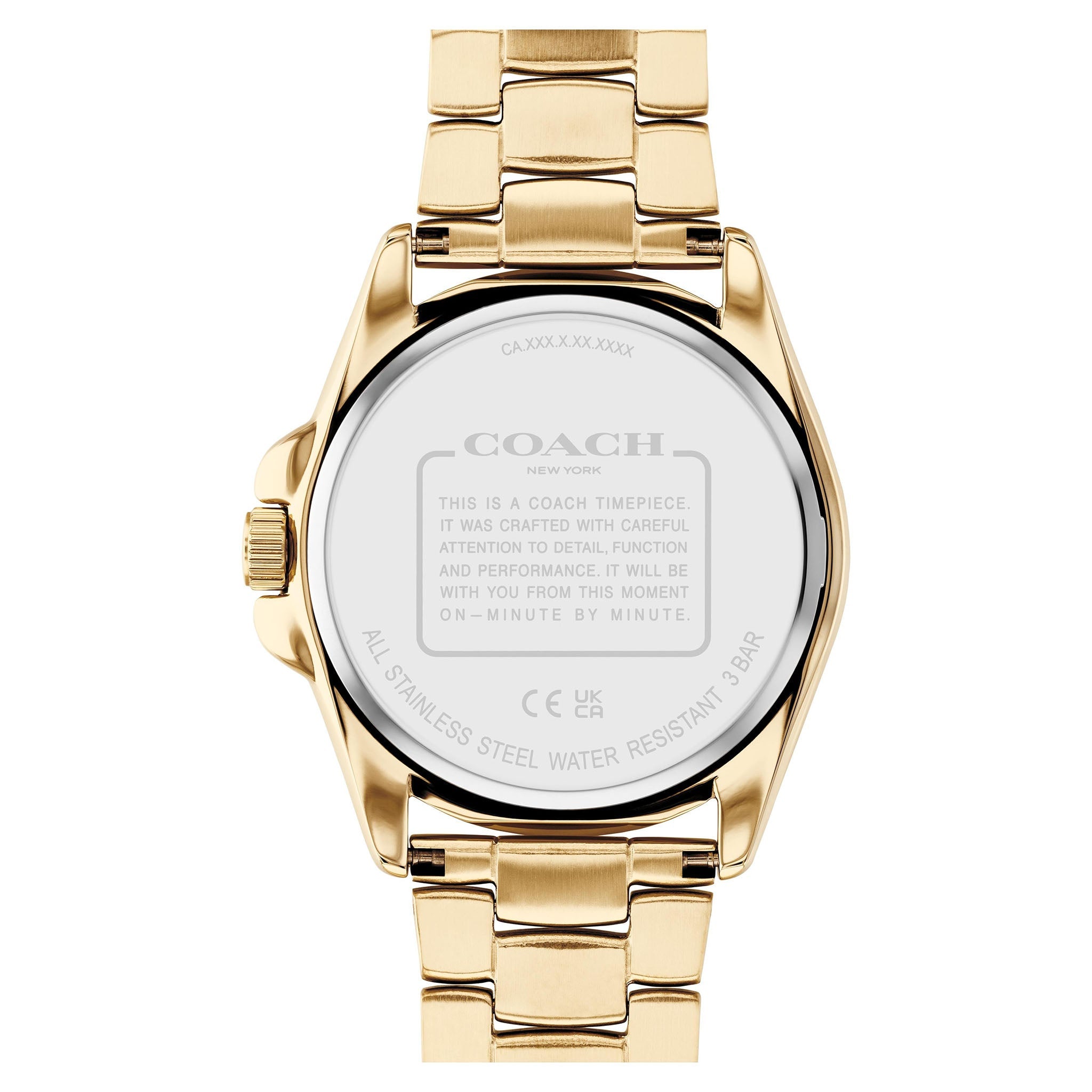 Case back of Coach watch showing stainless steel construction and water resistance marking
