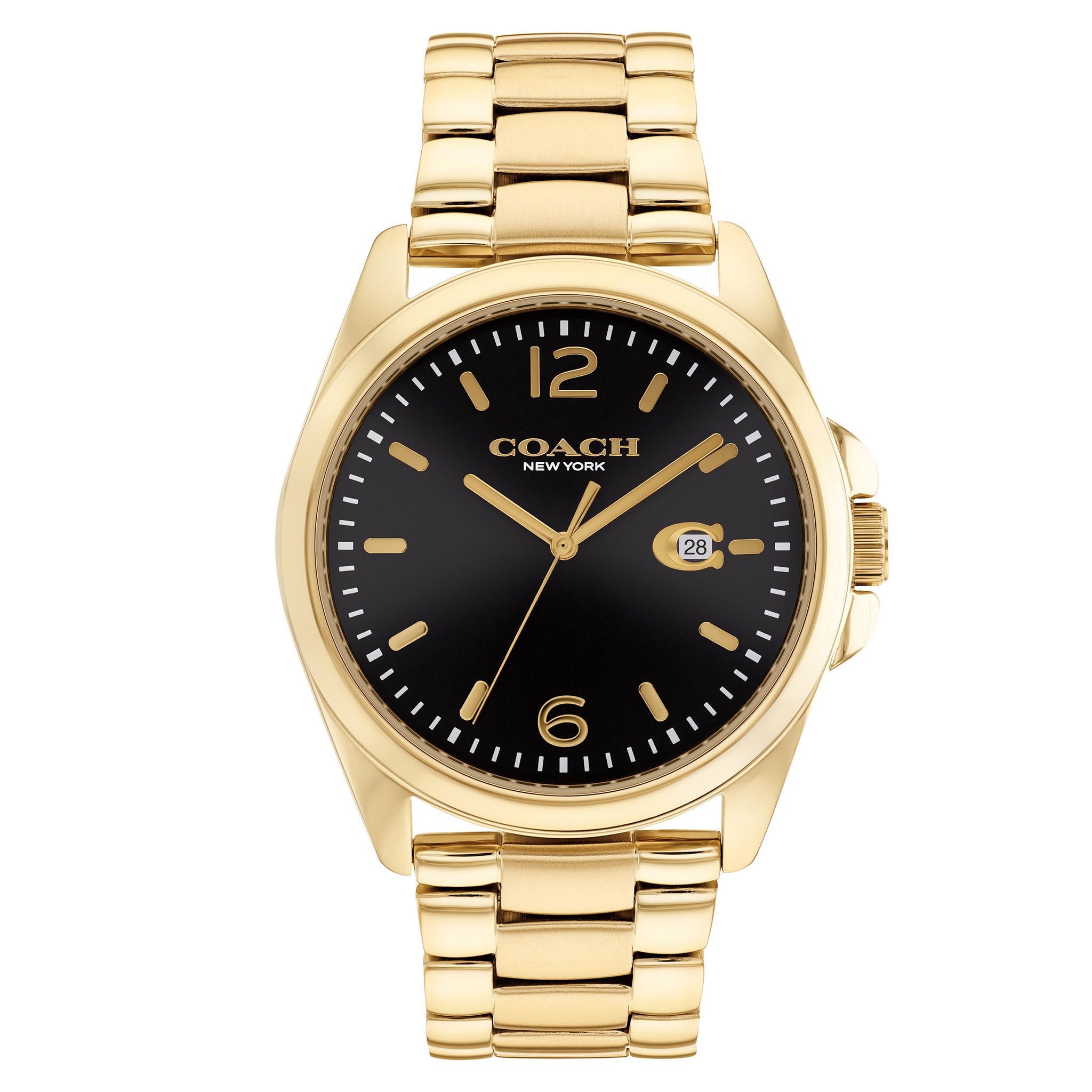 Coach men's watch with gold stainless steel case and black dial with gold indices