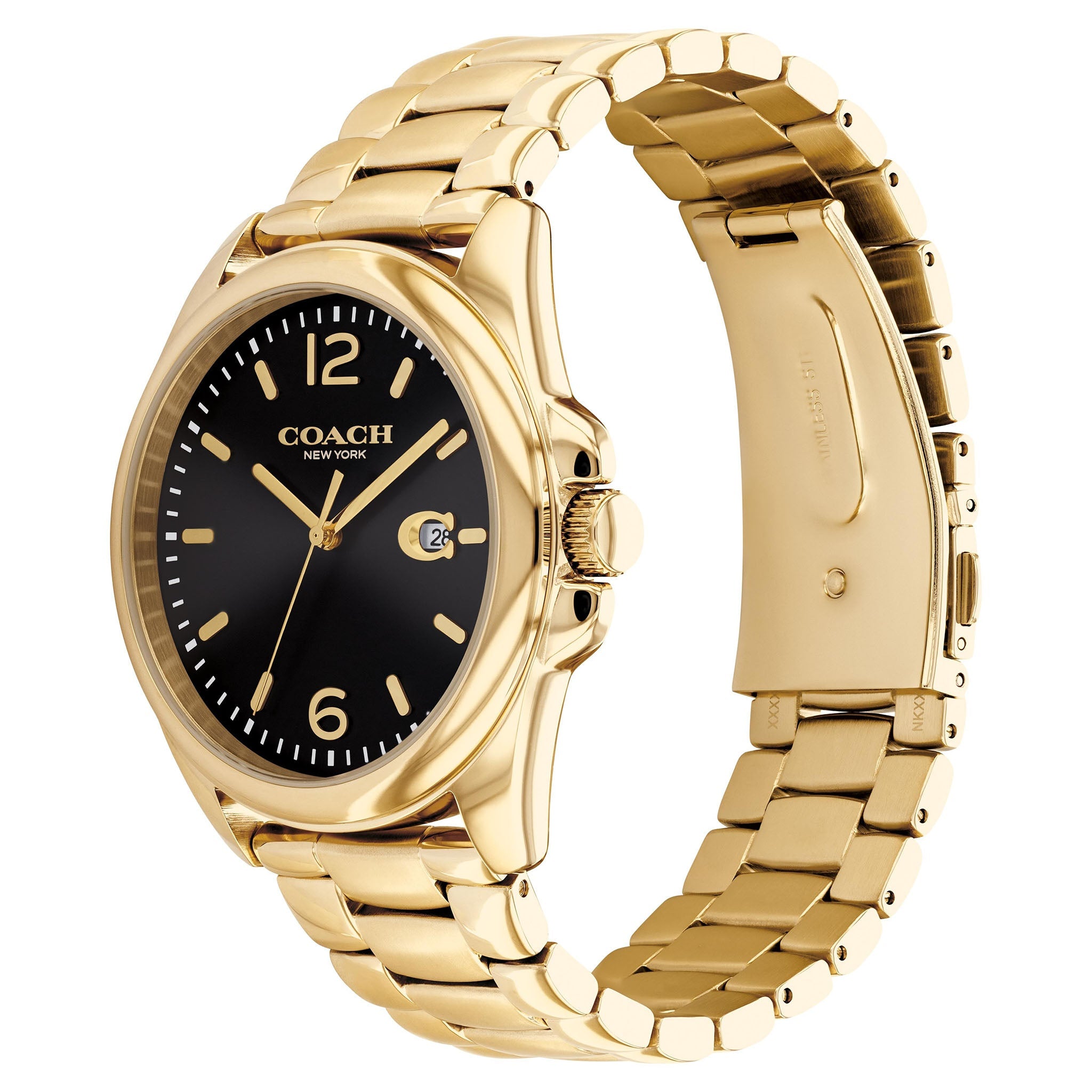 Side profile of Coach watch showing gold case and matching gold link bracelet