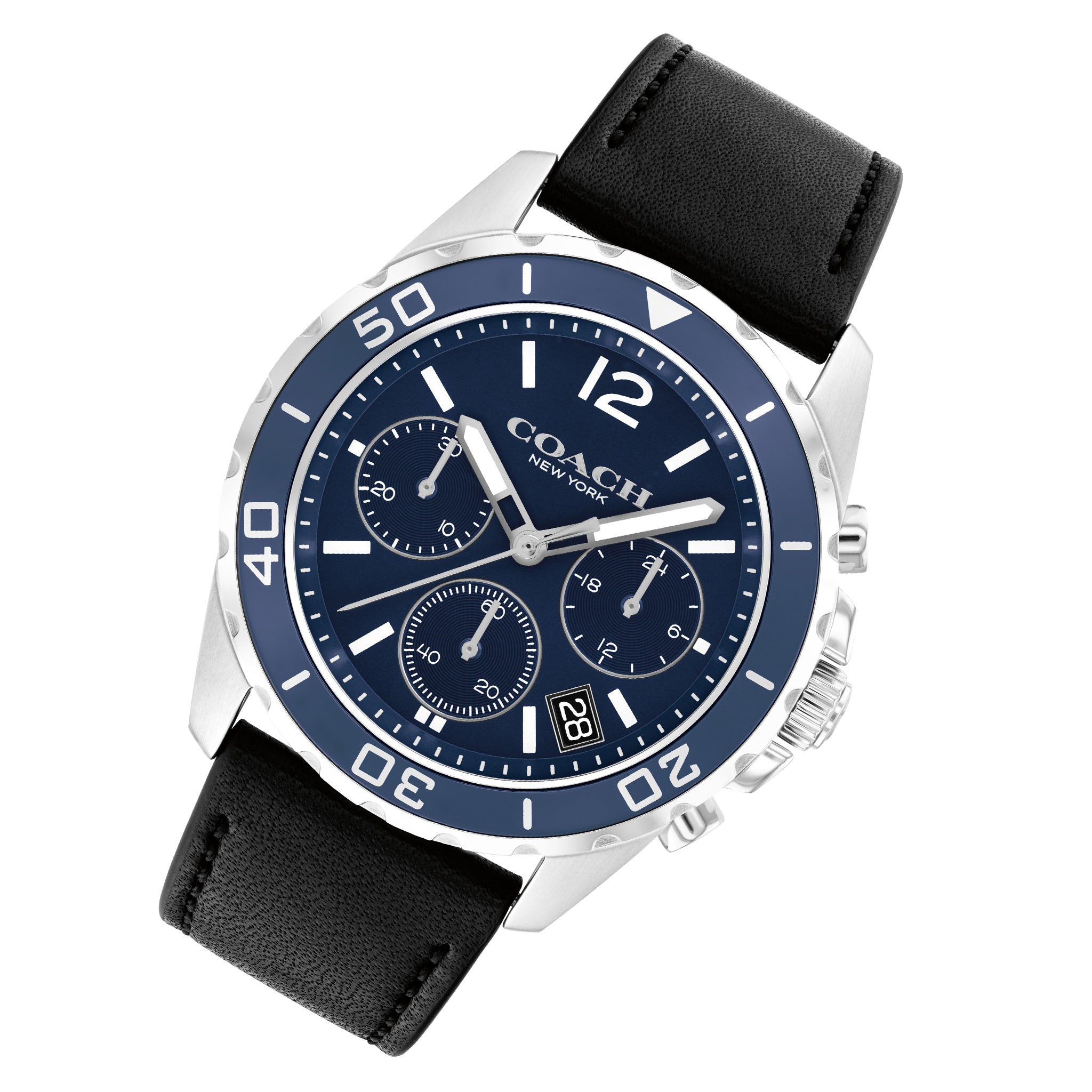 Angled view of Coach chronograph watch with blue dial and black leather strap