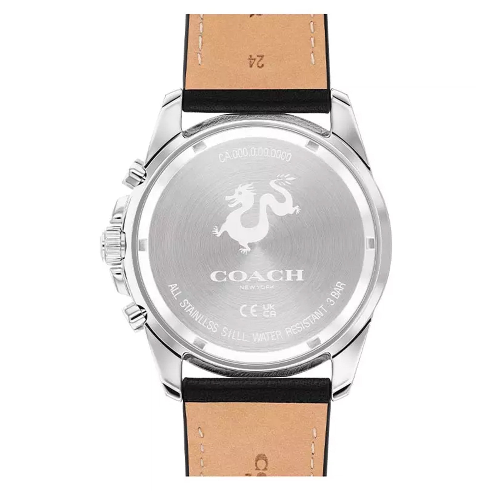 Coach watch caseback engraved with coach logo and stainless steel water-resistant details