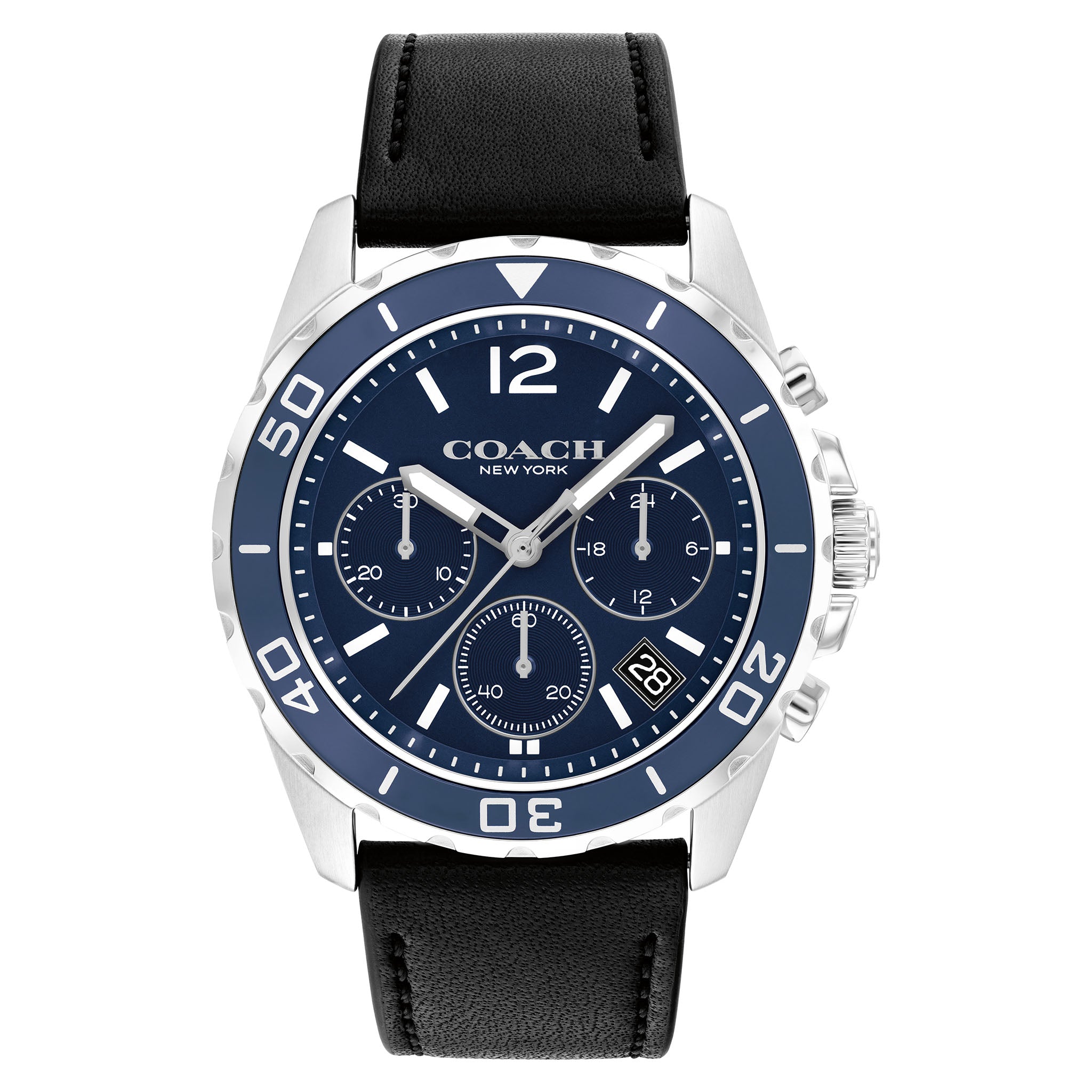 Coach men's quartz watch with blue chronograph dial, silver-tone case, and black leather strap