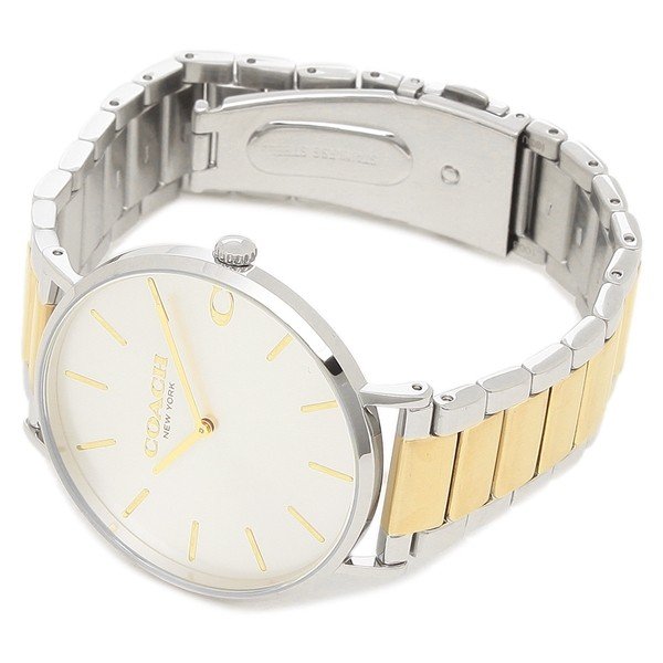 Coach men's watch on wrist showing two-tone bracelet and stainless steel caseback