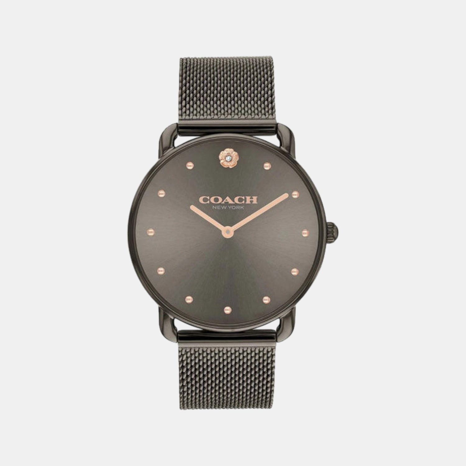 Coach women's watch with grey dial, rose gold hands, and mesh strap