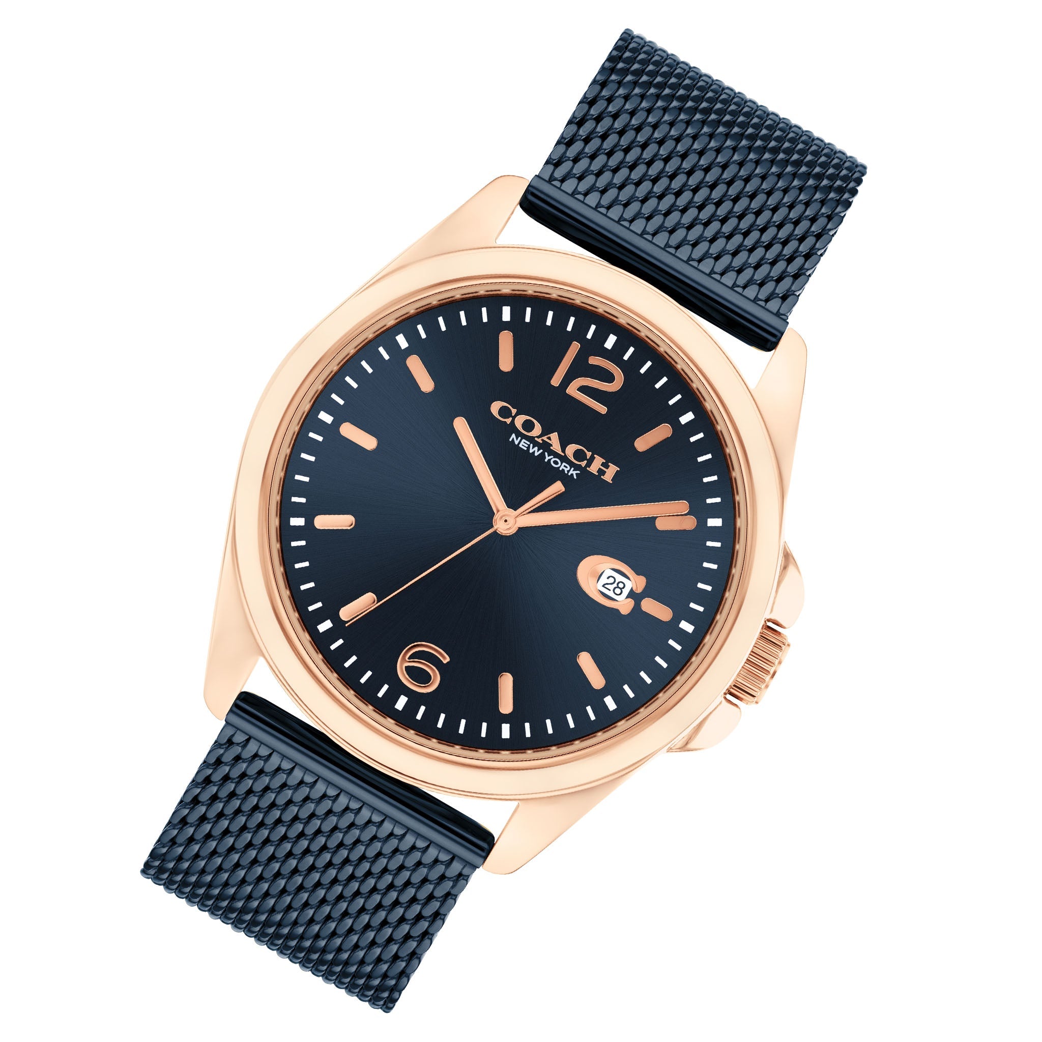 Coach watch angled view showing blue mesh strap and rose gold case with blue dial