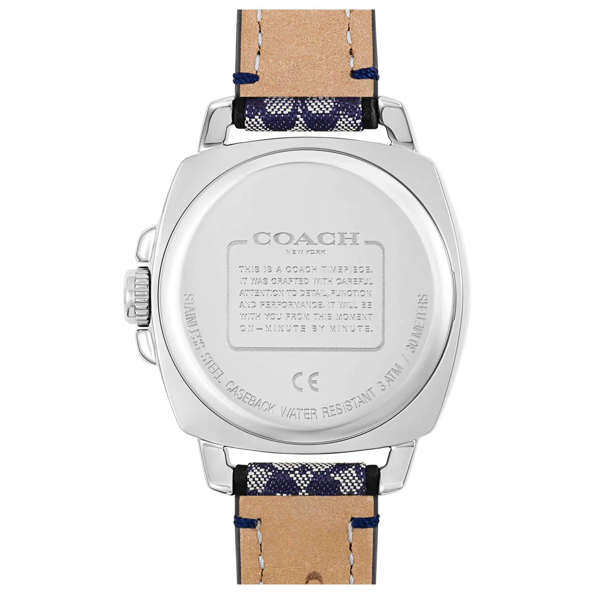 Coach Boyfriend watch caseback showing water resistant marking and brand engraving