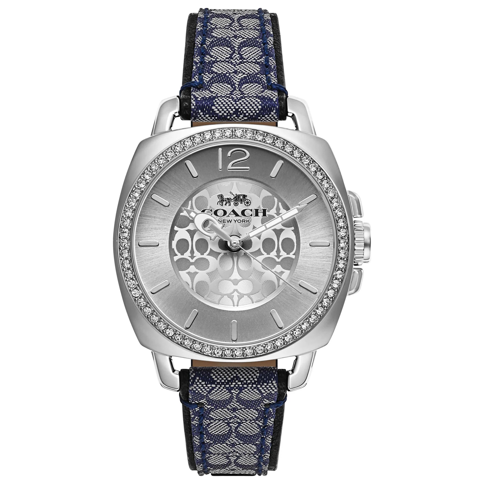 Coach Boyfriend women's watch with silver case, crystal bezel, monogram dial, and navy blue fabric strap