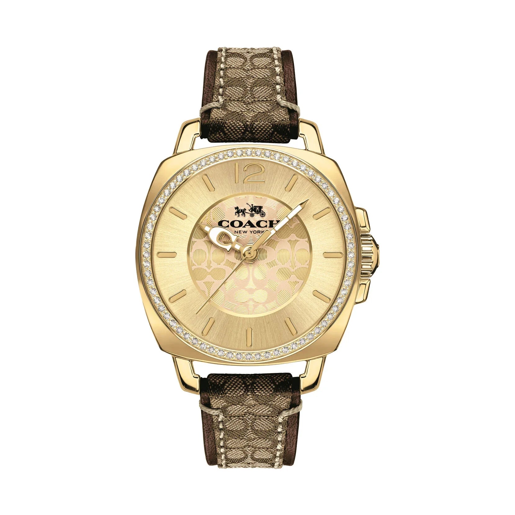 Coach Boyfriend ladies watch with gold dial, crystal bezel, and brown signature leather strap