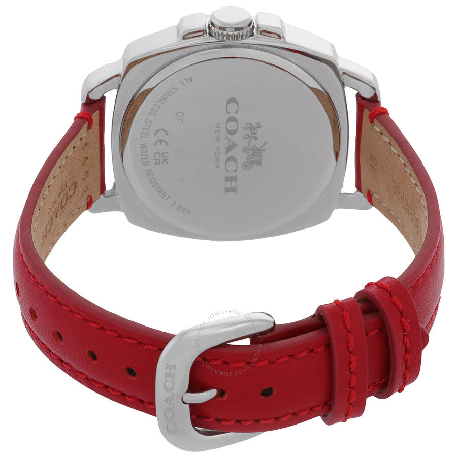Caseback view of Coach Boyfriend watch displaying stainless steel case and red leather strap attachment