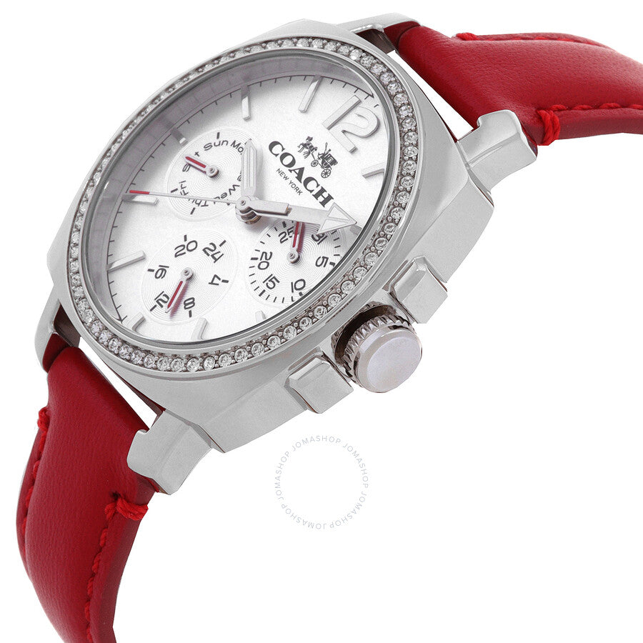 Side angle view of Coach Boyfriend watch showing silver case, red leather strap, and chronograph subdials