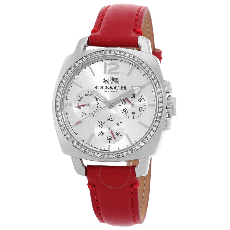 Coach Boyfriend quartz ladies watch with silver dial, crystal-bezel stainless steel case, and red leather strap