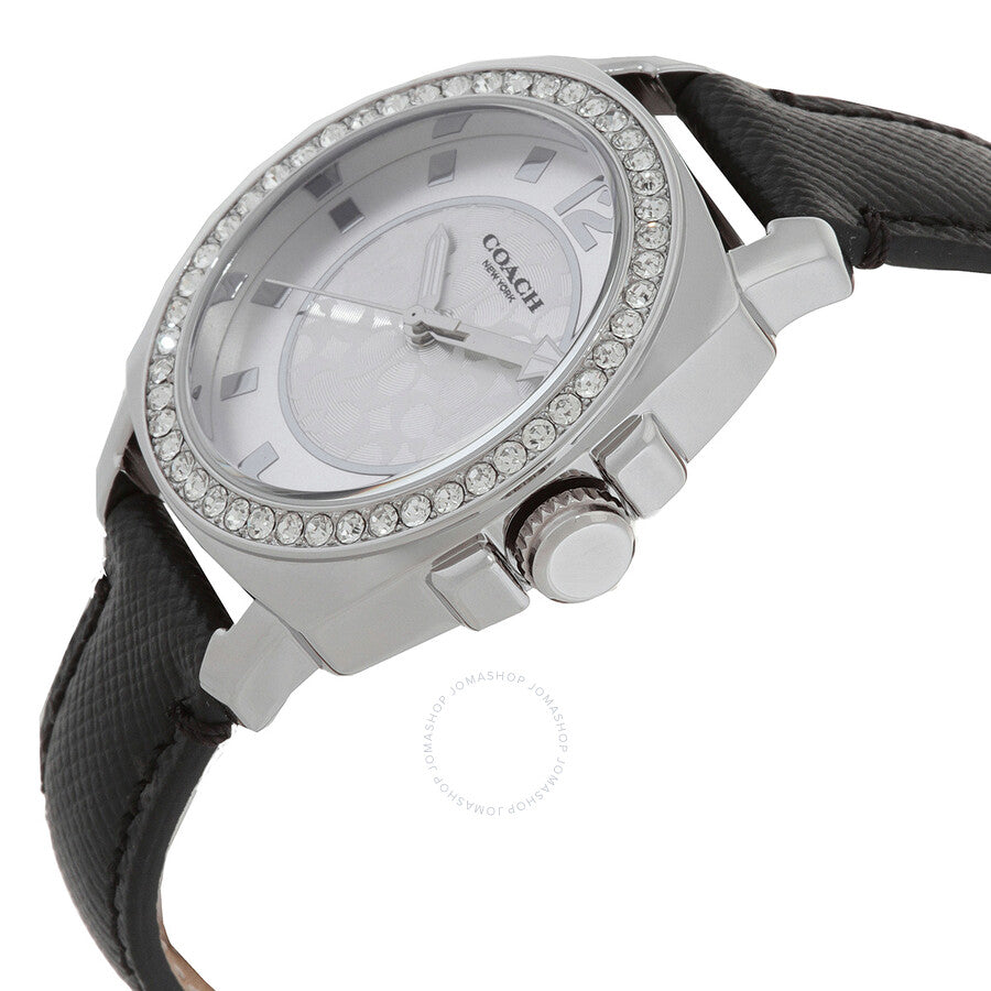 Coach Boyfriend watch from side angle showing black leather strap