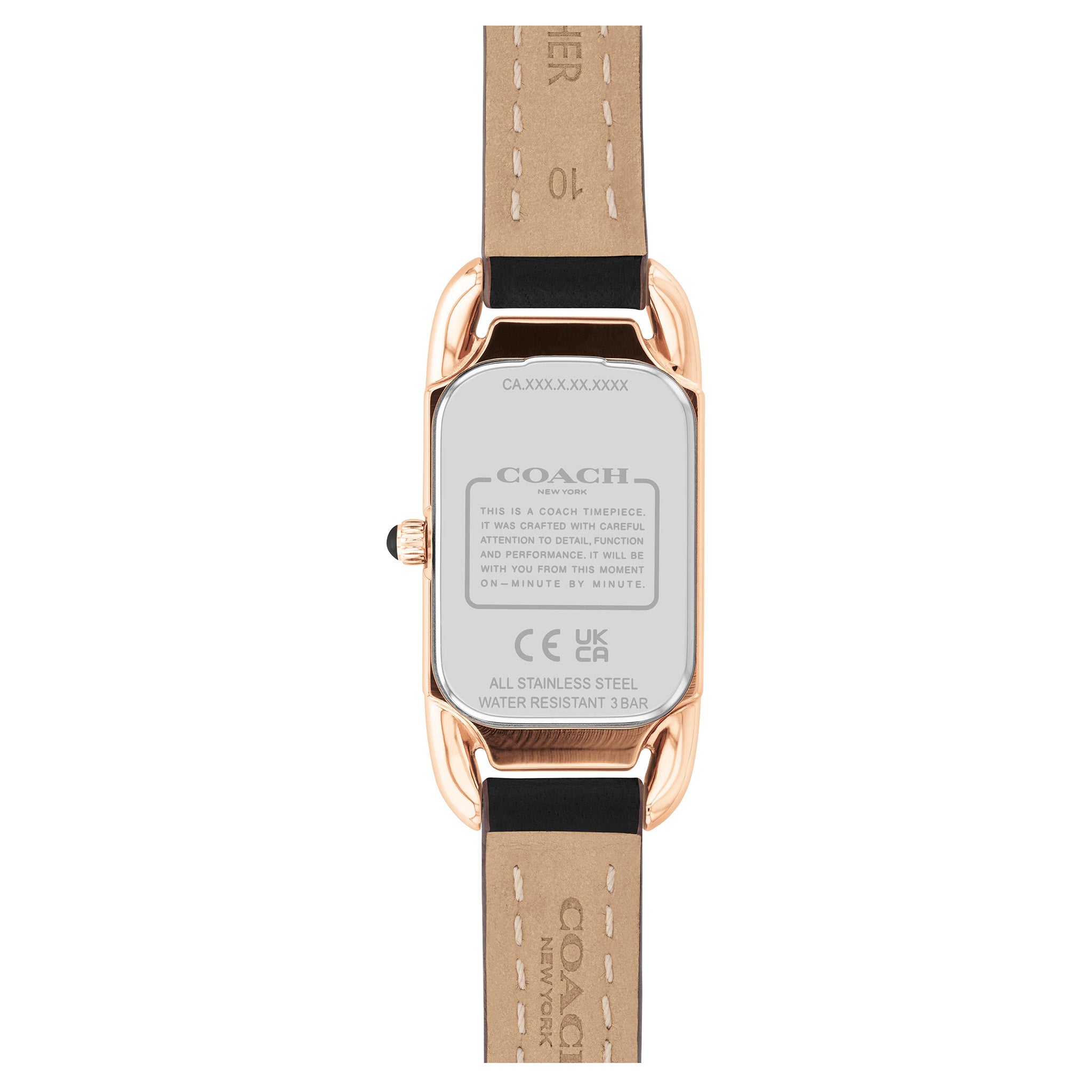 Coach Cadie watch caseback showing stainless steel case with specifications and water resistance rating