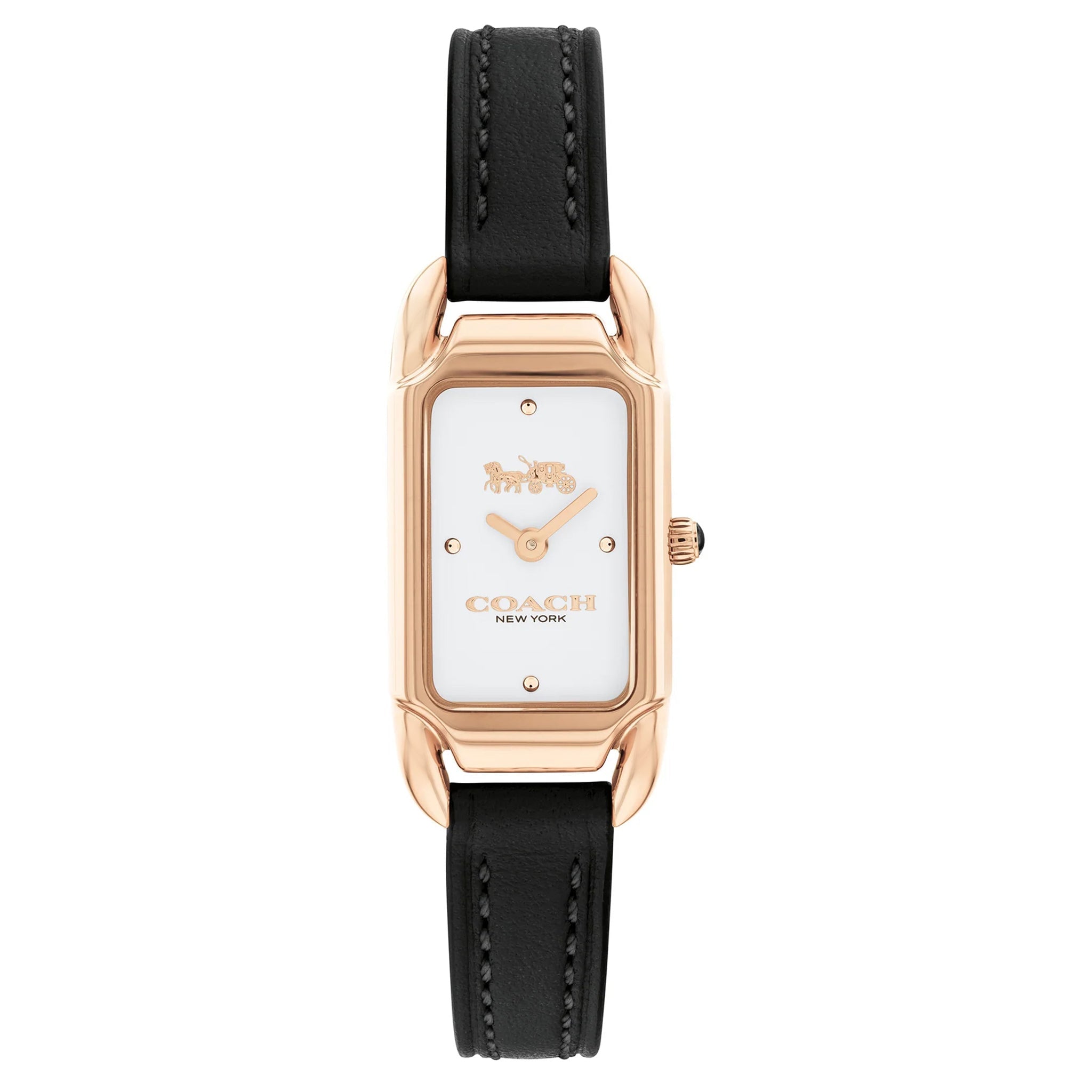 Coach Cadie women's watch with rose gold case, white dial, and black leather strap