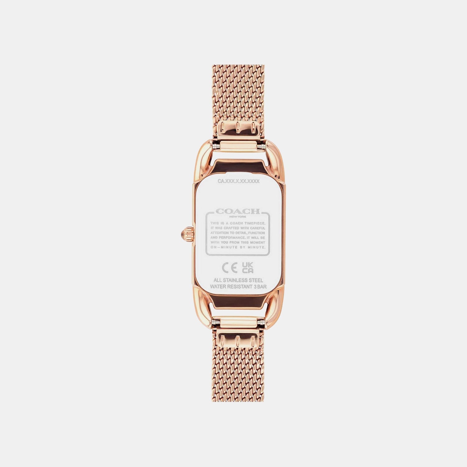 Coach Cadie women's watch caseback showing product information and specifications