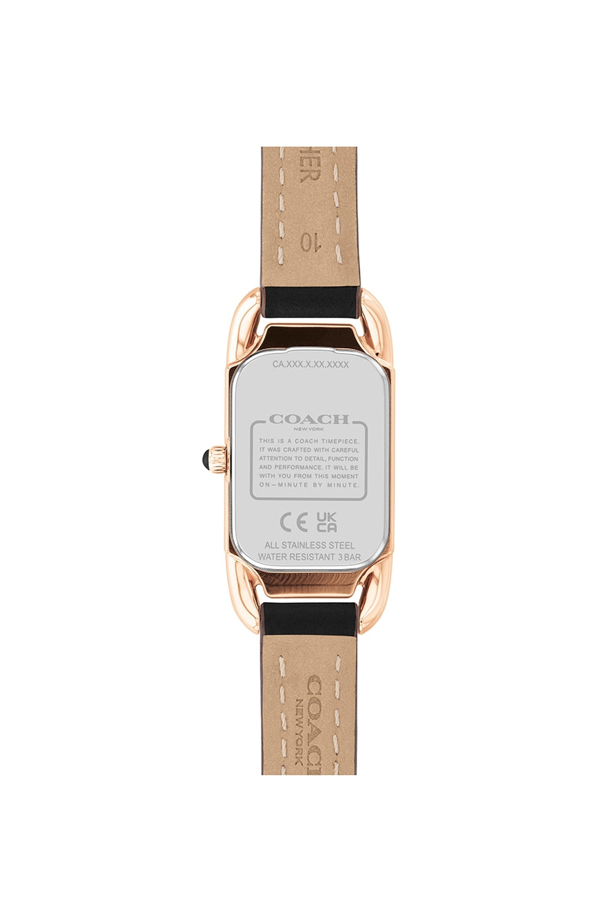 Coach Cadie watch caseback with warranty information and specifications on rose gold case