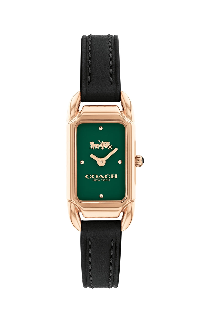 Coach Cadie women's watch with green dial, rose gold rectangular case, and black leather strap
