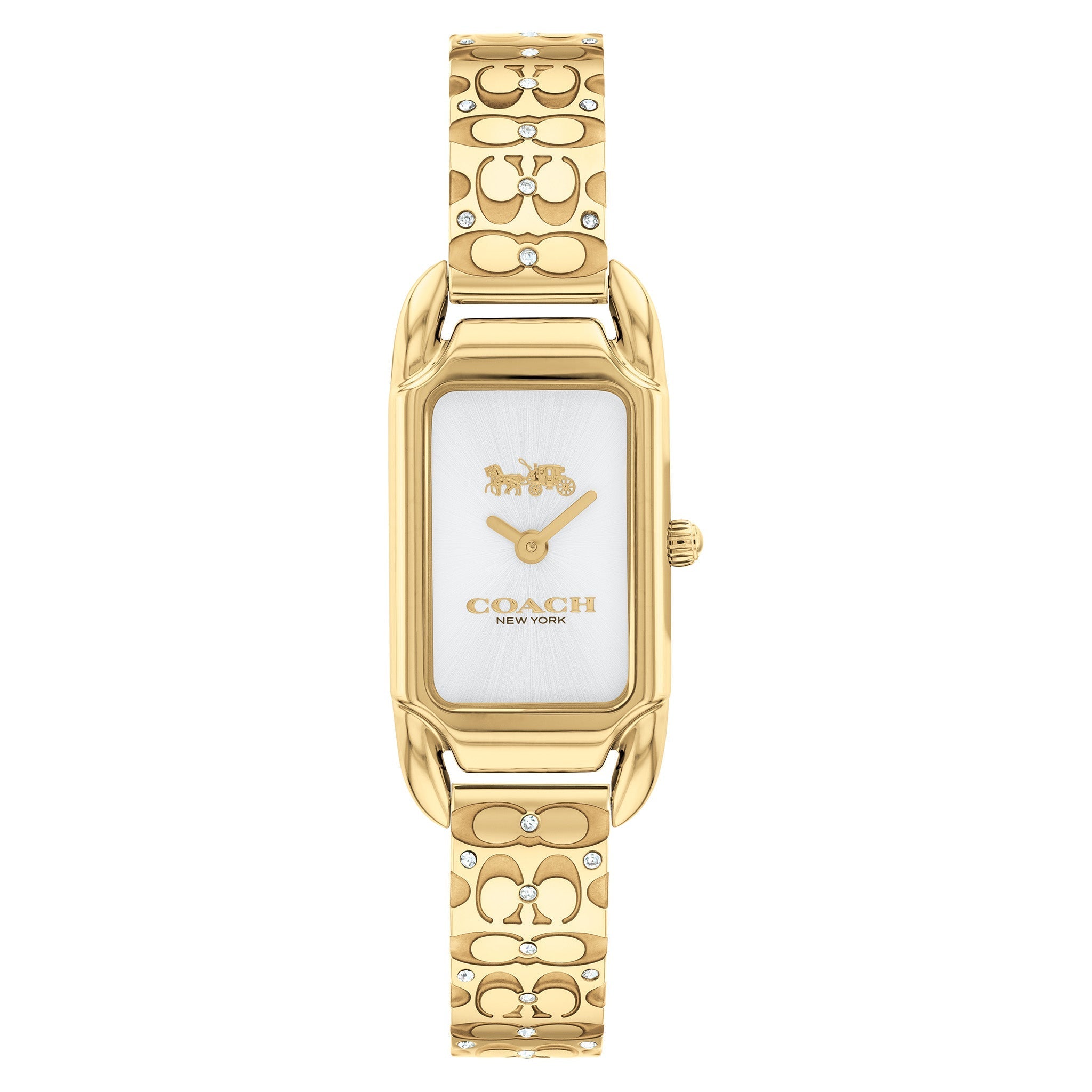 COACH Cadie Signature C gold-tone watch with silver-tone rectangular dial and logo-patterned bangle bracelet