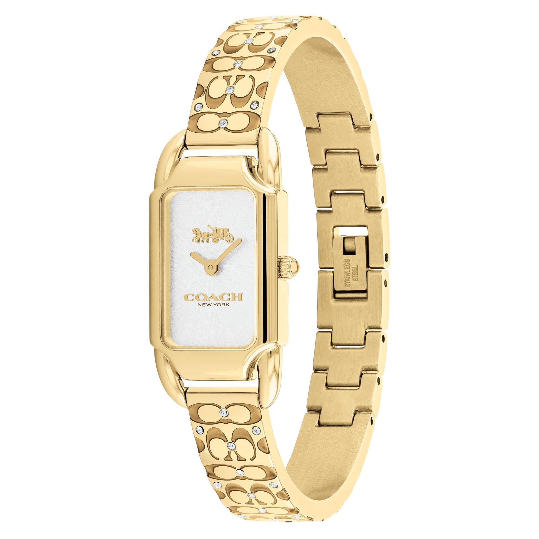 COACH Cadie women's watch worn on wrist showing Signature C patterned gold-tone bangle and rectangular case