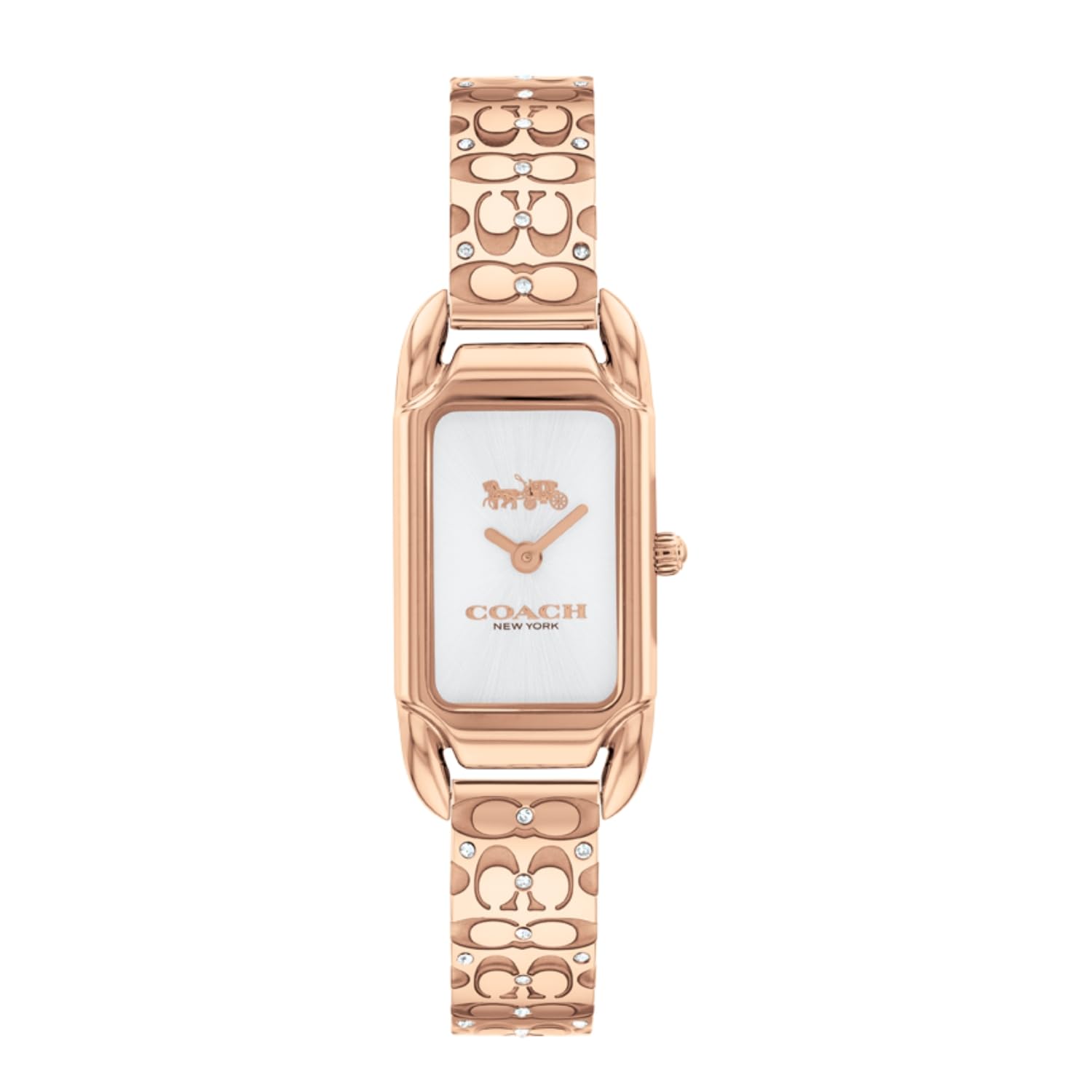 Coach Cadie rose gold rectangular watch with white dial and signature Coach bracelet