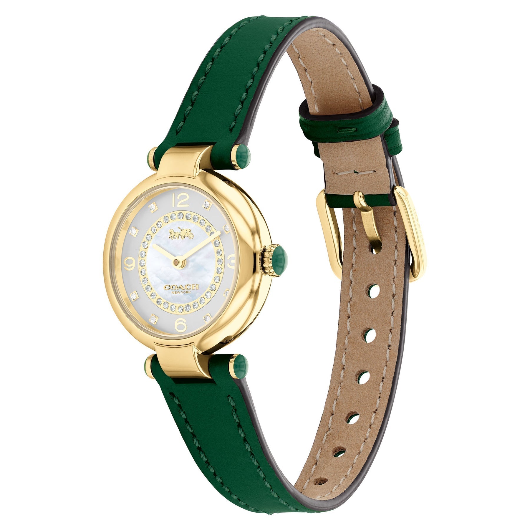 Coach Cary watch showing gold case, white dial, and green leather strap with tan interior