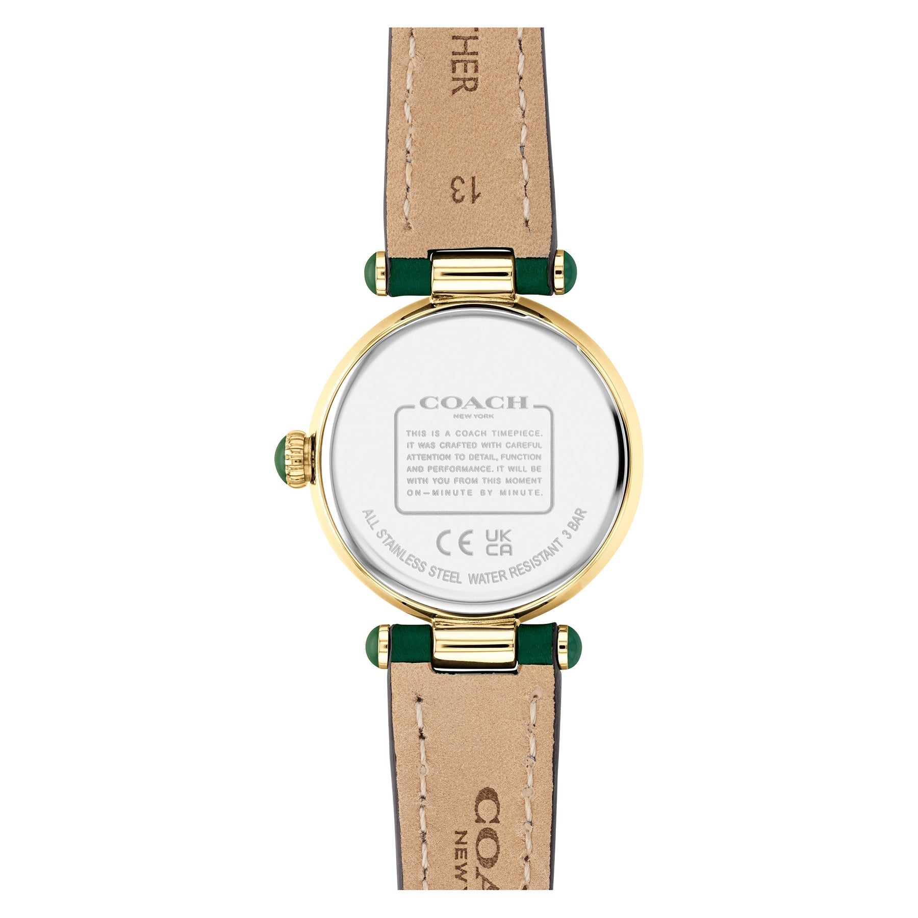 Coach Cary watch caseback with engraved Coach logo and specifications