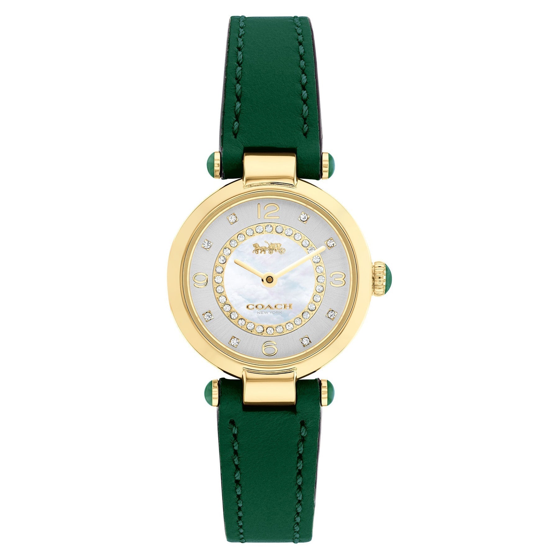 Coach Cary women's watch with gold-tone case, white dial, and green leather strap