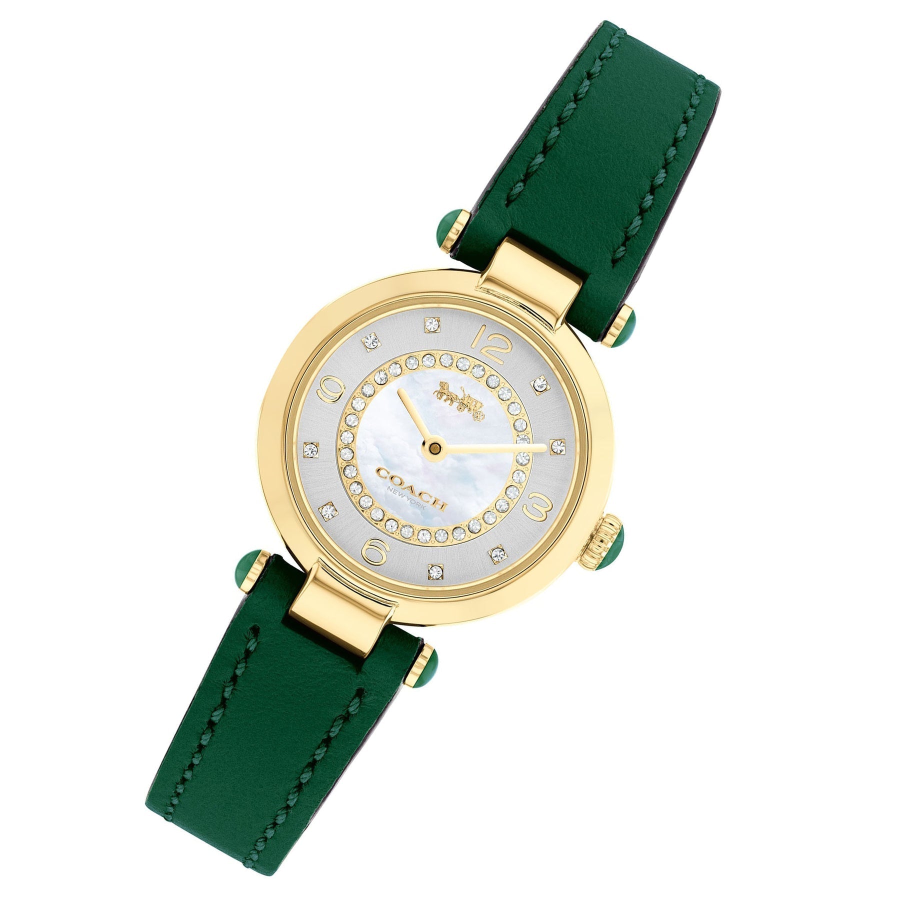 Side view of Coach Cary watch with green leather strap and gold-tone case