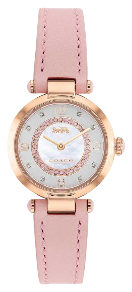 Coach Cary women's watch with mother-of-pearl dial, rose gold case, and pink leather strap