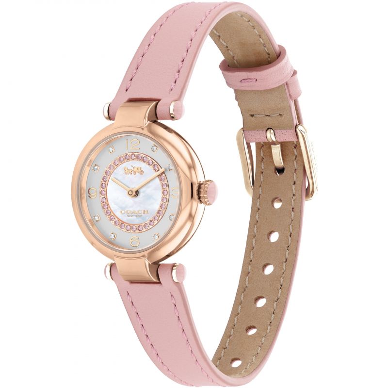 Coach Cary watch on wrist displaying mother-of-pearl dial with crystal surround and pink leather band