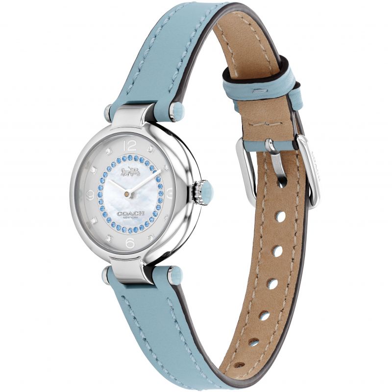 Coach Cary watch angled view showing blue leather strap with tan leather interior and stainless steel case