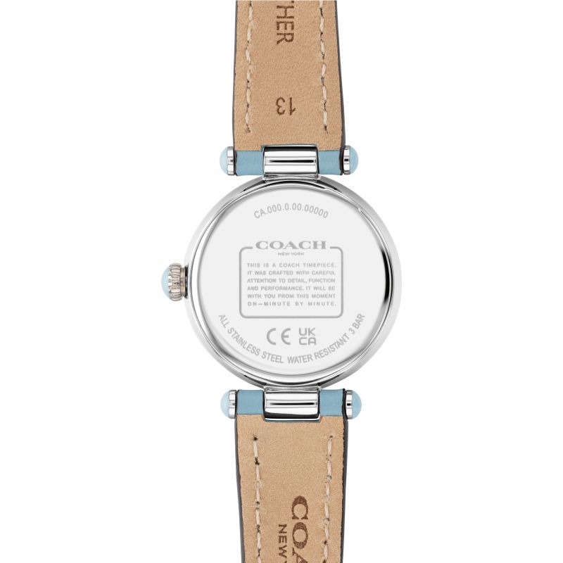 Coach Cary watch caseback showing stainless steel case, COACH branding, and CE/UK certification