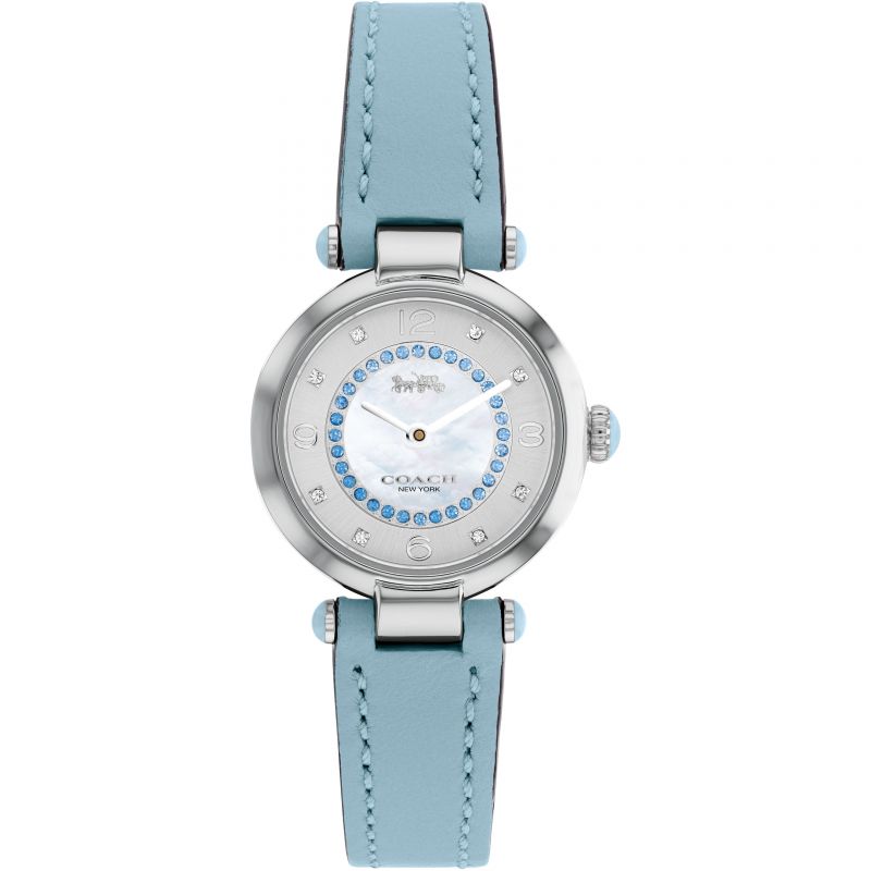 Coach Cary women's watch with blue leather strap, silver-tone case, and crystal-accented blue dial