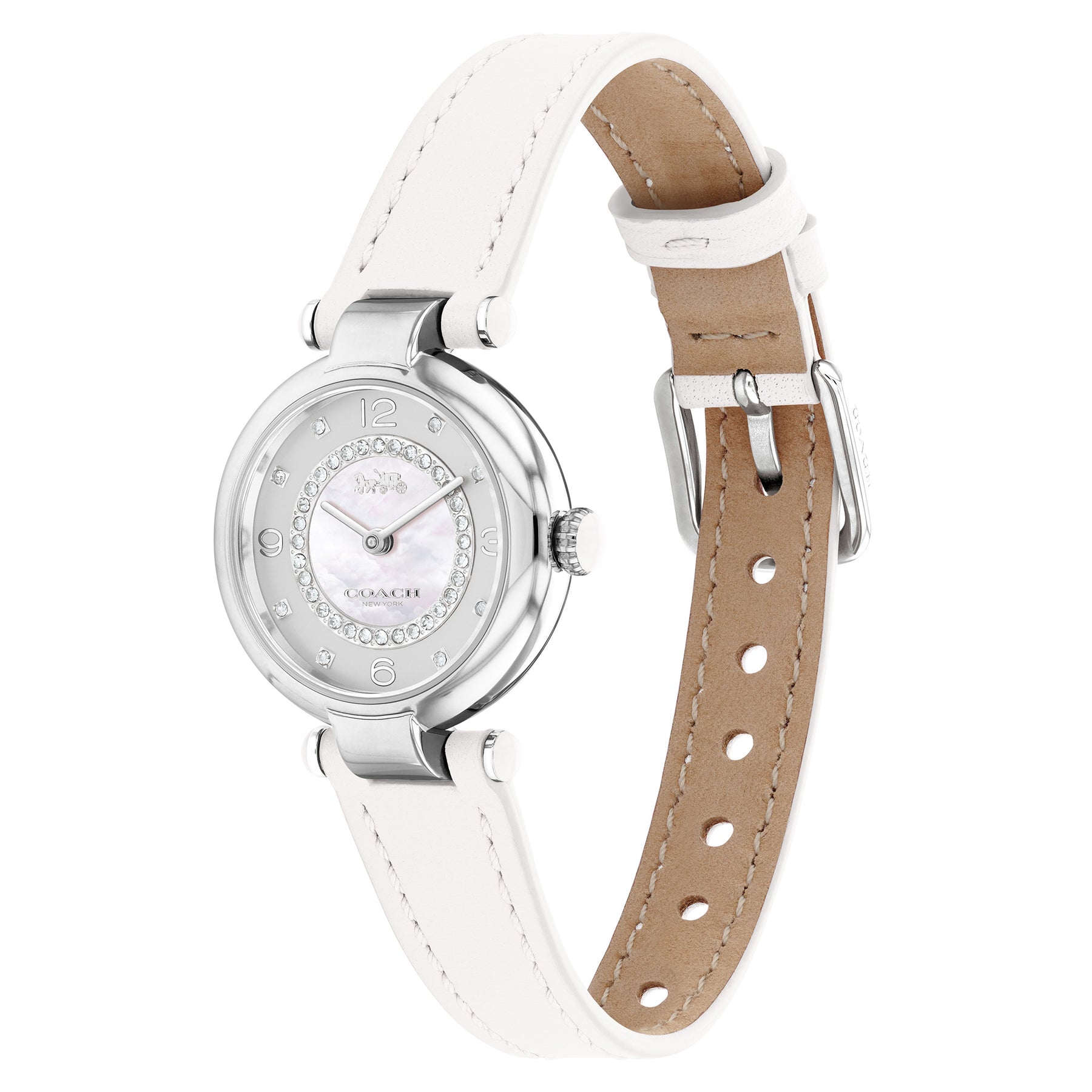 Coach Cary watch displayed on wrist showing white and tan leather strap with silver-tone hardware