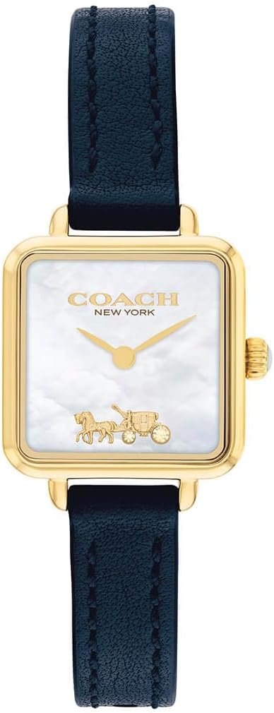 Coach Cass watch with mother of pearl dial, gold-tone square case and blue leather strap