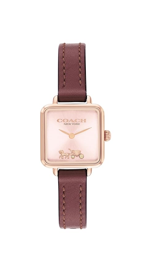 Coach Cass square analog watch with blush dial and burgundy leather strap