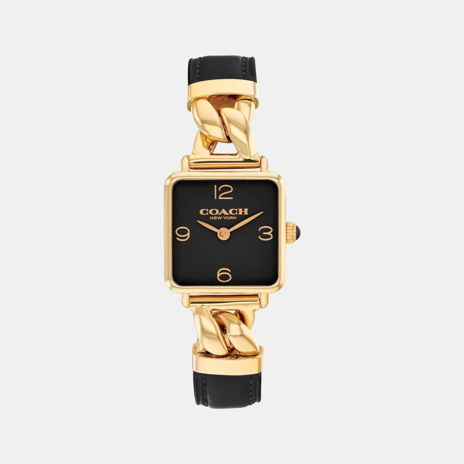 Coach Cass women's watch with square black dial, gold-tone case, and black leather strap with chain link detail