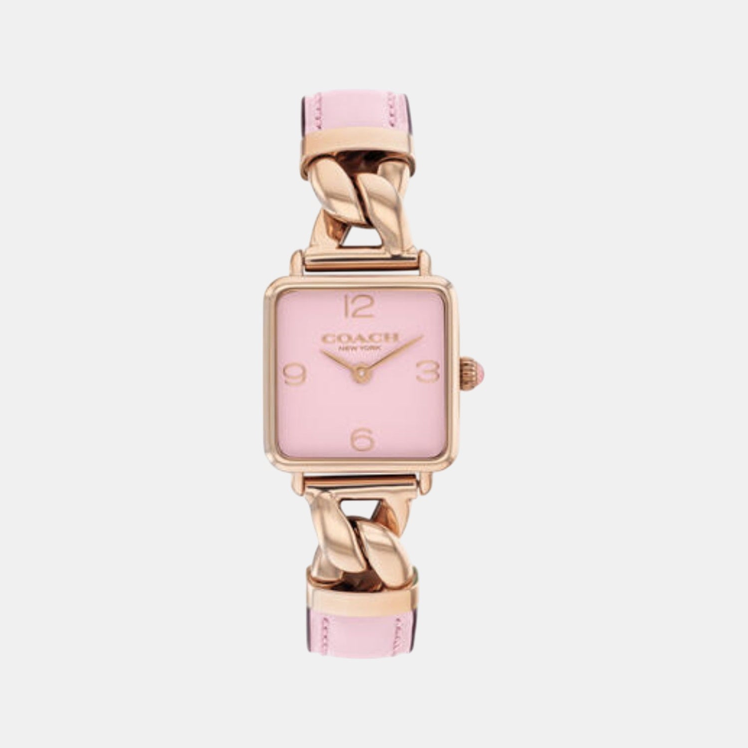 Coach Cass blush watch with square pink dial, rose gold case, and pink calf leather strap