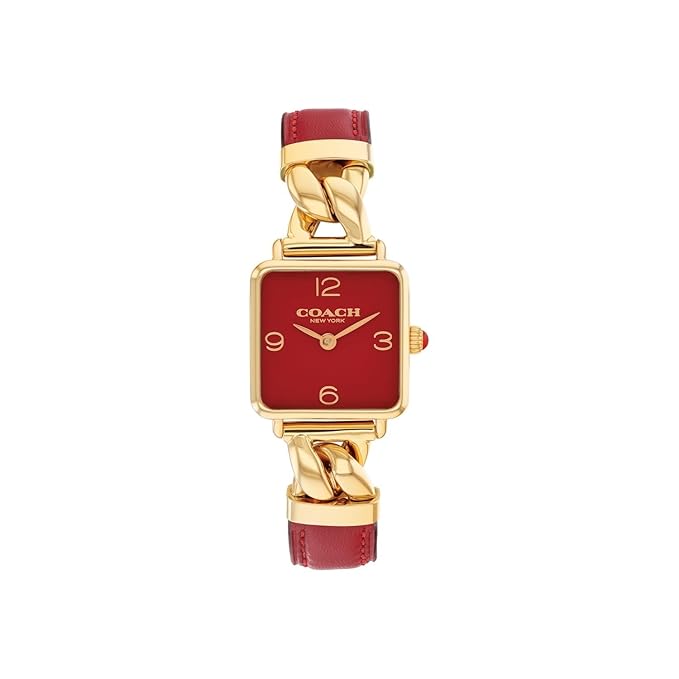 Coach Cass gold-tone square watch with red dial and red leather strap