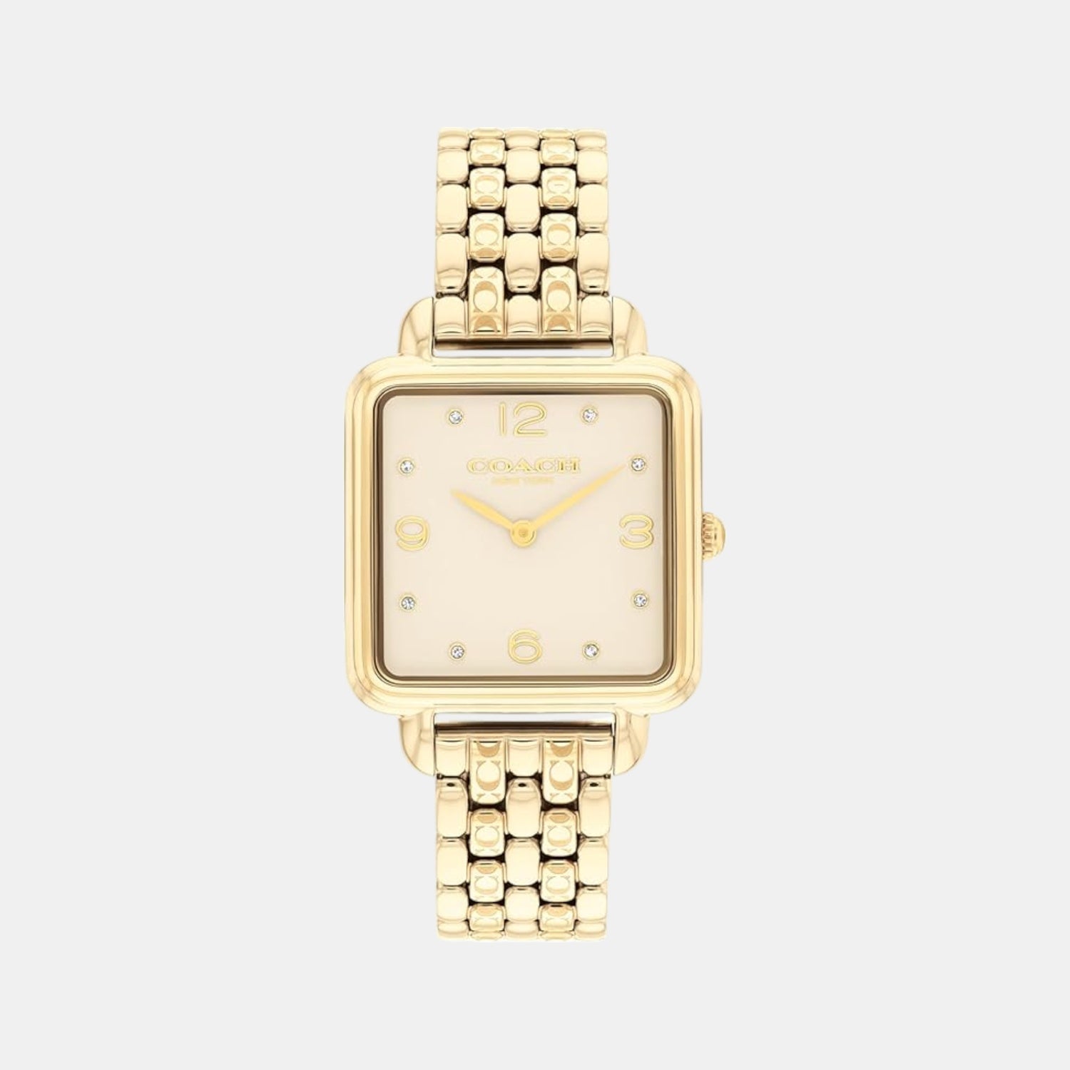 Coach Cass gold-tone square watch with champagne dial and link bracelet