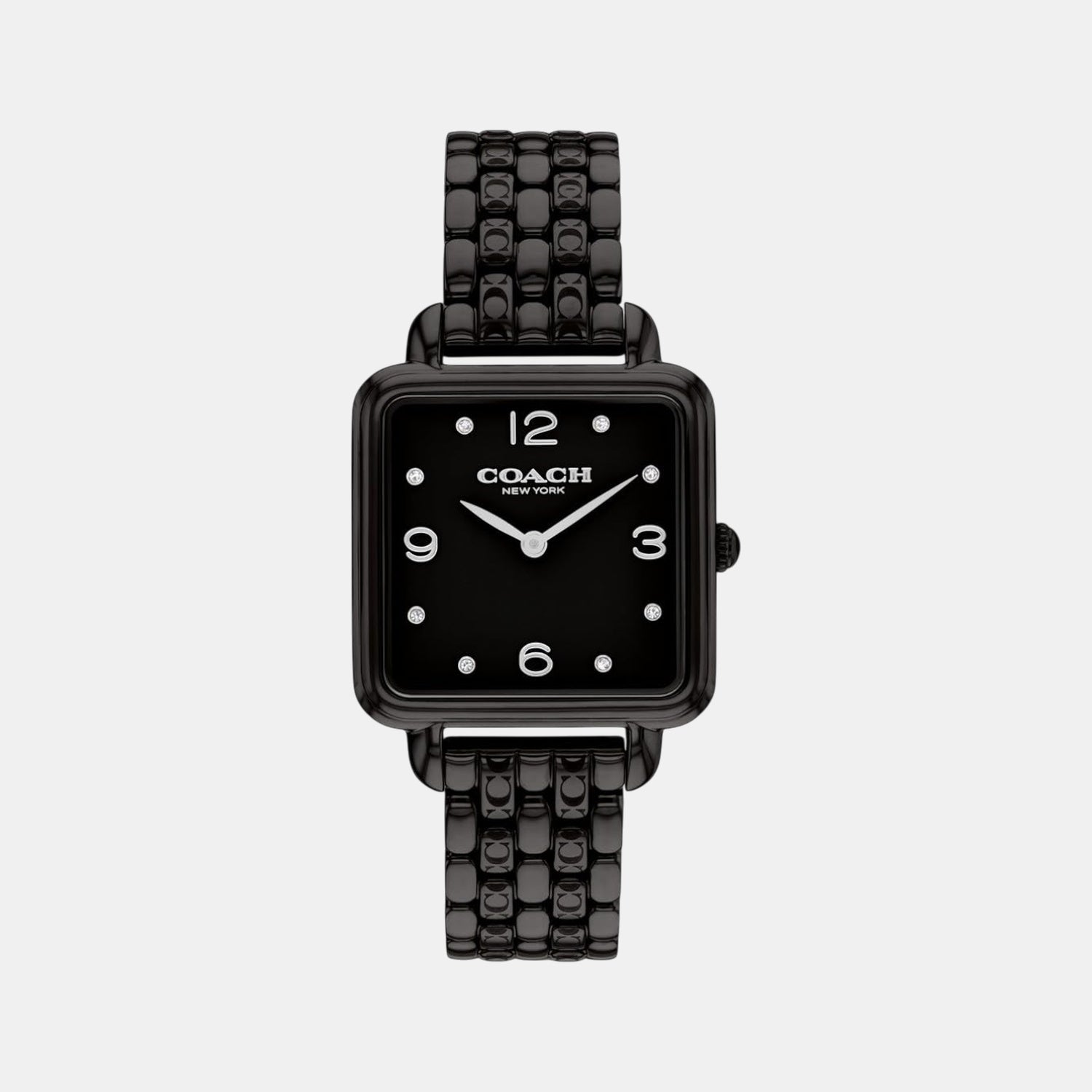 Coach Cass black stainless steel women's watch with square dial and diamond markers