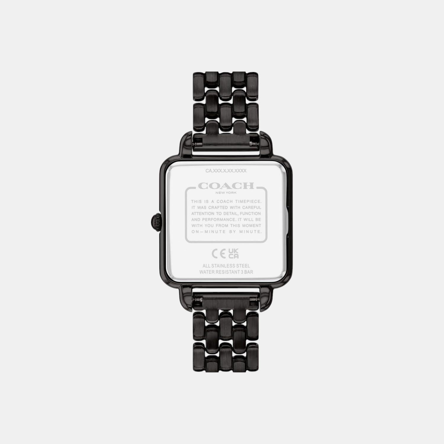 Coach Cass watch caseback showing brand details and specifications