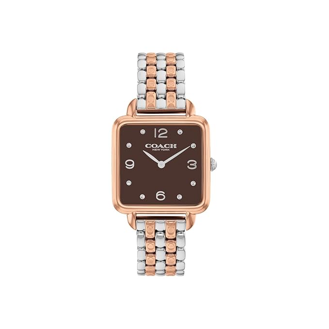 Coach Cass women's watch with coffee brown square dial and two-tone steel bracelet