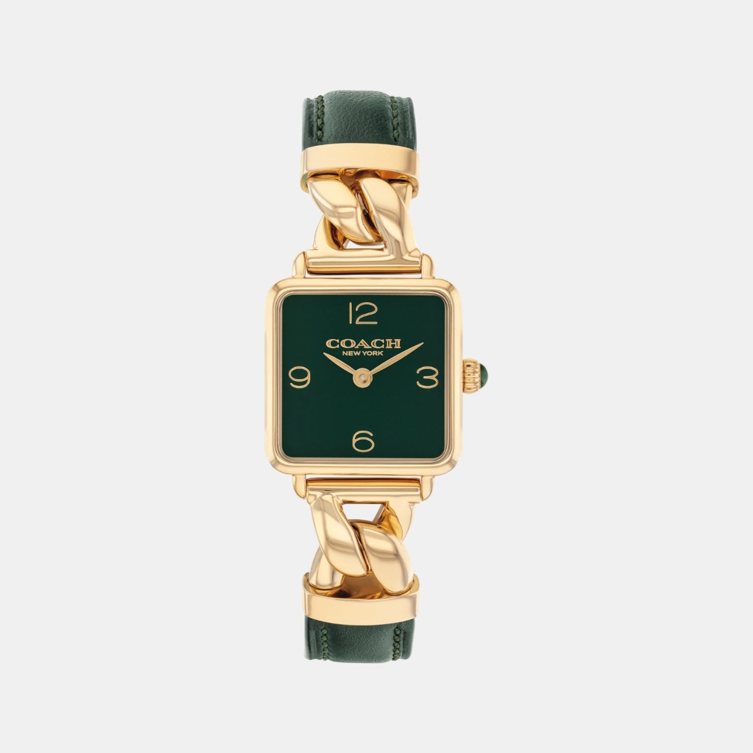 Coach Cass gold-tone square watch with green dial and green leather strap