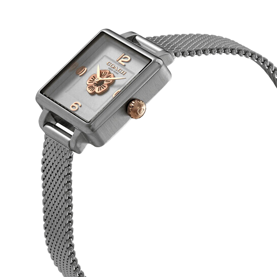 Coach Cass watch at angle showing square case, rose gold crown, and mesh band