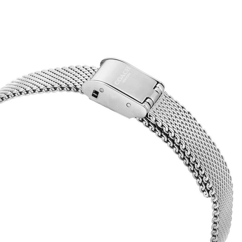 Side view of Coach Cass watch showing stainless steel mesh band and case profile